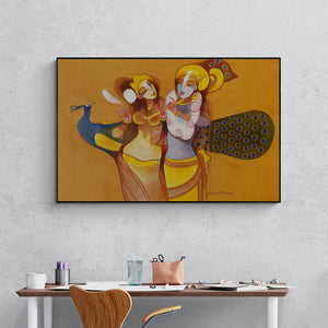 Preview of 'Radha Krishna 2 (Eternal Embrace)' Painting by Prabhakar Ahobilam shown on a wall in a furnished room.