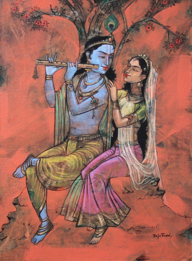 Figurative acrylic painting titled 'Radha Krishna 2', 12x16 inches, by artist Raju Terdals on Canvas