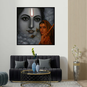 Rakhi Baid's 'Radha Krishna (Eternal Gaze)' painting visualized above a sofa in a contemporary room.