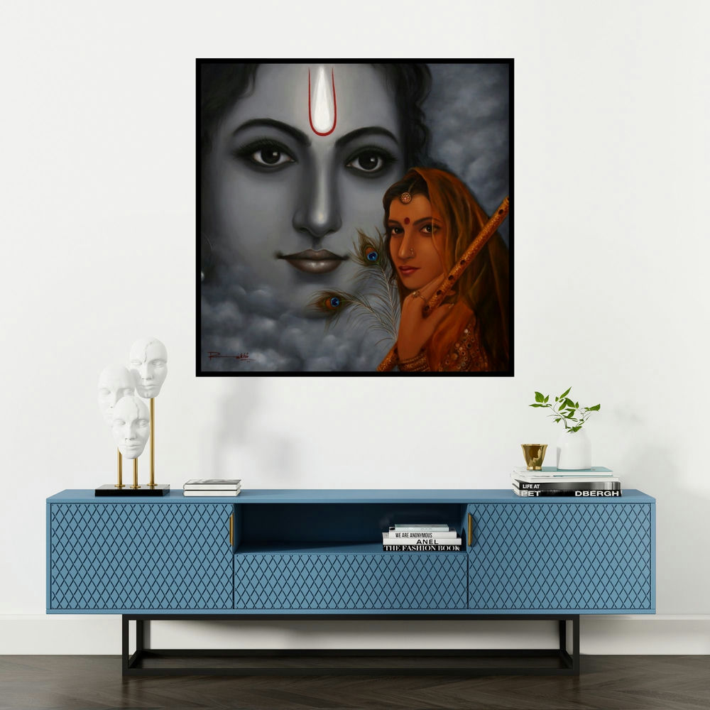 'Radha Krishna (Eternal Gaze)' painting by Rakhi Baid shown on a wall in a furnished room.