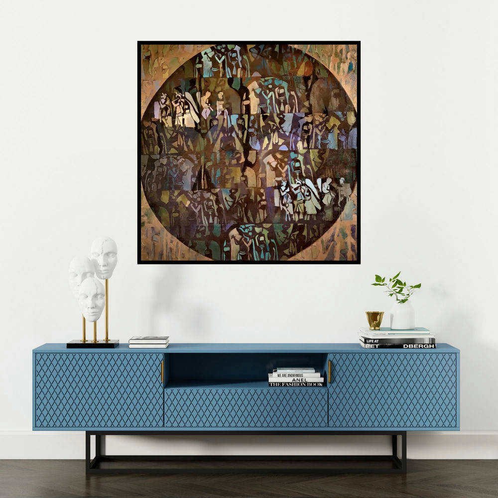 'Radha Krishna (Tribal Tapestry)' painting by Zalak Bheda shown on a wall in a furnished room.