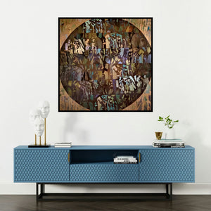 'Radha Krishna (Tribal Tapestry)' painting by Zalak Bheda shown on a wall in a furnished room.