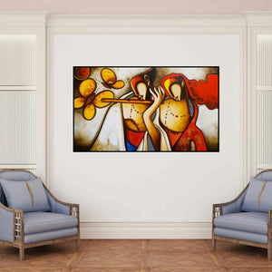 'Radha Krishna (Radha Krishna)' painting by Om Swami shown on a wall in a furnished room.