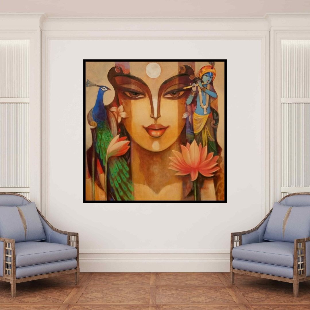 In-situ view of Prabhakar Ahobilam's 'Radha Krishna 3 (Divine Enchantment)' painting in a room