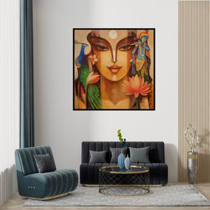 Preview of 'Radha Krishna 3 (Divine Enchantment)' Painting by Prabhakar Ahobilam shown on a wall in a furnished room.