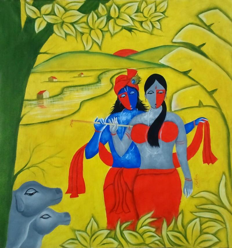 Religious oil painting titled 'Radha Krishna 3', 30x30 inches, by artist Chetan Katigar on Canvas