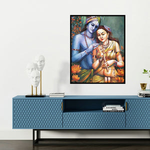 'Radha Krishna (Divine Love)' painting by Tamali Das shown on a wall in a furnished room.