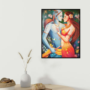 Tamali Das's 'Radha Krishna (Graceful Gatherer)' painting visualized above a sofa in a contemporary room.