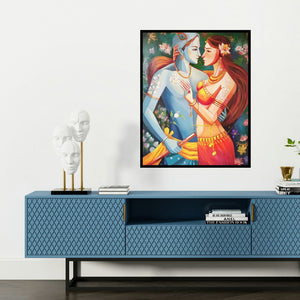 'Radha Krishna (Graceful Gatherer)' painting by Tamali Das shown on a wall in a furnished room.