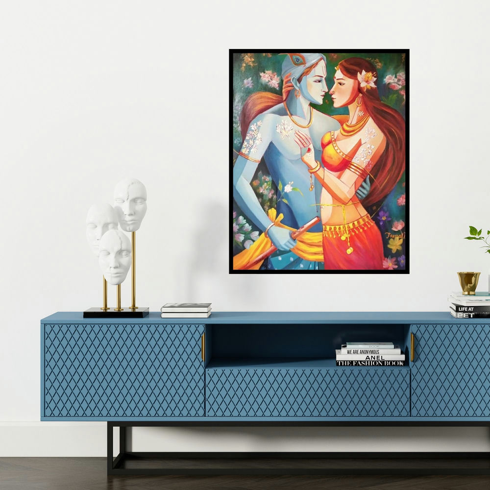 'Radha Krishna (Graceful Gatherer)' painting by Tamali Das shown on a wall in a furnished room.