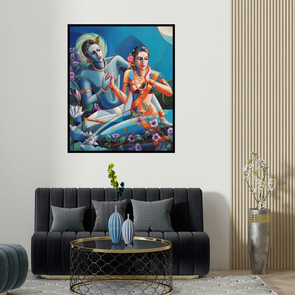 'Radha Krishna (The Cosmic Embrace)' painting by Tamali Das shown on a wall in a furnished room.
