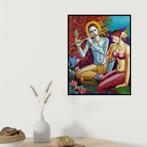 Tamali Das's 'Radha Krishna (Divine Love)' painting visualized above a sofa in a contemporary room.