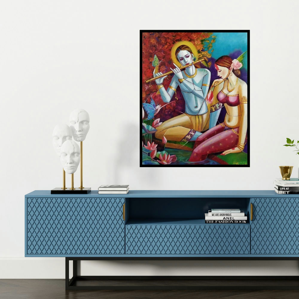 'Radha Krishna (Divine Love)' painting by Tamali Das shown on a wall in a furnished room.