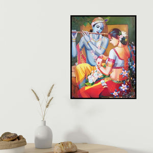Tamali Das's 'Radha Krishna (The Divine Duet)' painting visualized above a sofa in a contemporary room.