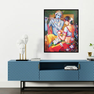 'Radha Krishna (The Divine Duet)' painting by Tamali Das shown on a wall in a furnished room.
