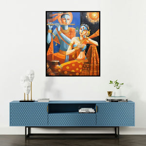 Tamali Das's 'Radha Krishna (Moonlight Serenade)' painting visualized above a sofa in a contemporary room.