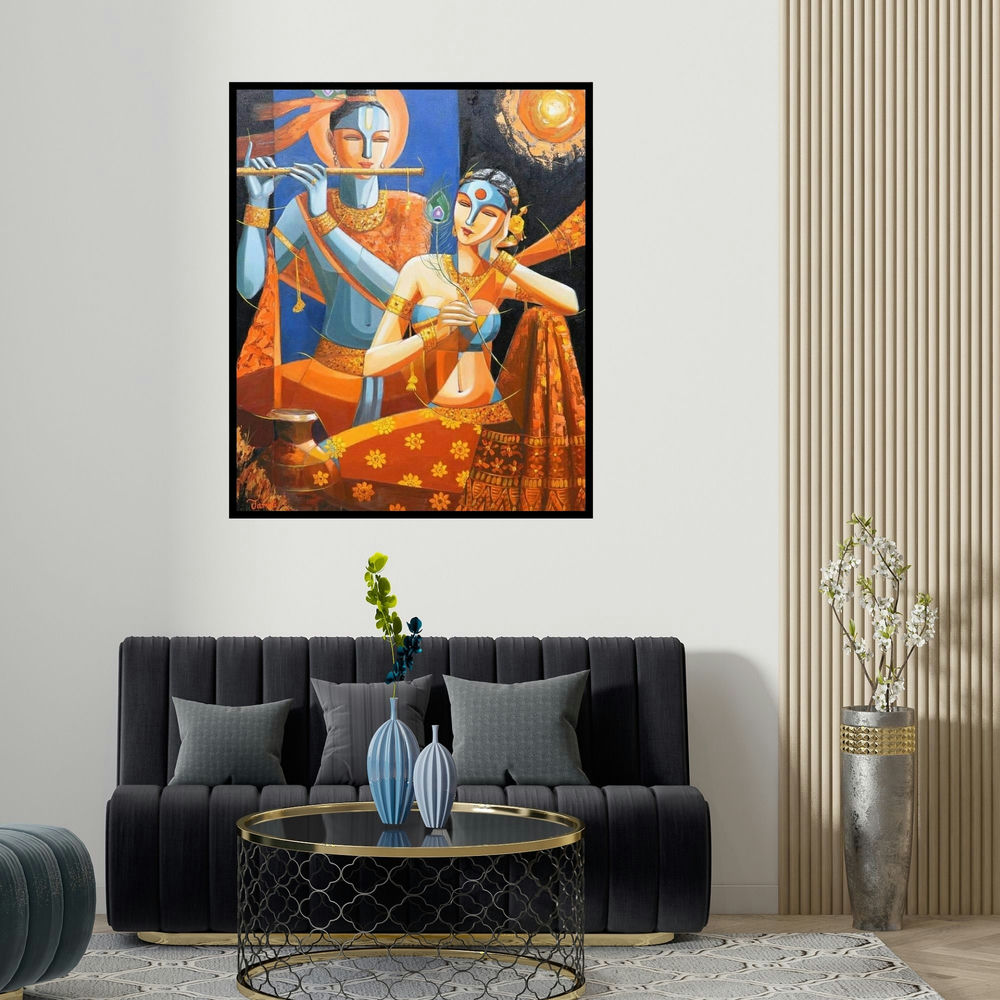 'Radha Krishna (Moonlight Serenade)' painting by Tamali Das shown on a wall in a furnished room.