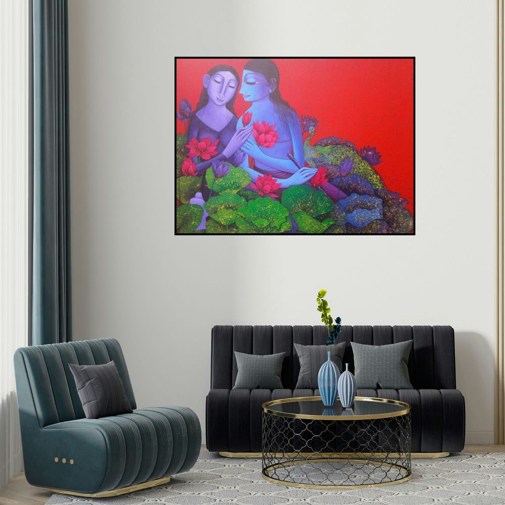 'Radha Krishna 4 (Radha Krishna in Lotus Pond)' painting by Prakash Deshmukh shown on a wall in a furnished room.