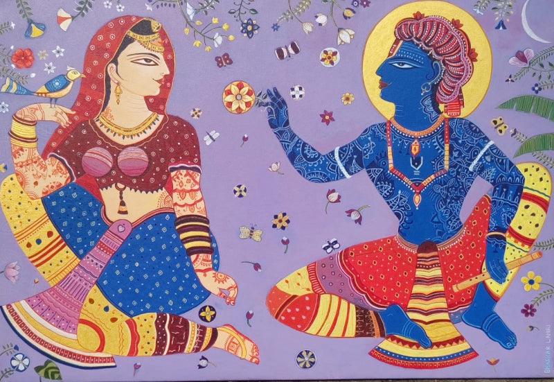 Religious acrylic painting titled 'Radha Krishna', 33x48 inches, by artist Bhaskar Lahiri on Canvas