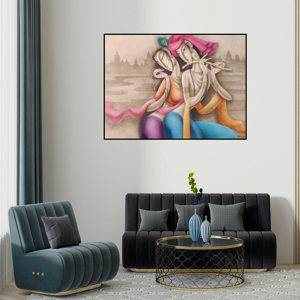 'Radha Krishna (Divine Love)' painting by Ramesh Pachpande shown on a wall in a furnished room.