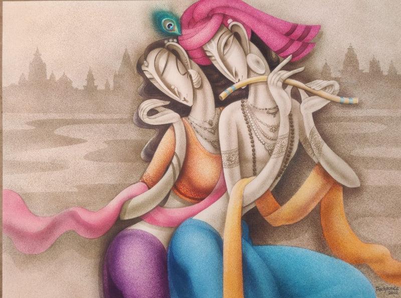 Figurative acrylic painting titled 'Radha Krishna', 36x48 inches, by artist Ramesh Pachpande on Canvas
