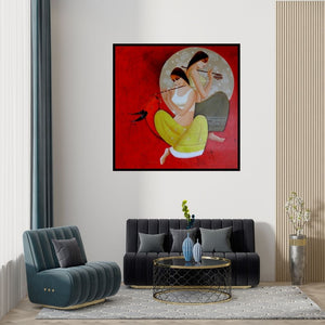 Preview of 'Radha Krishna' Painting by Kamal Devnath shown on a wall in a furnished room.
