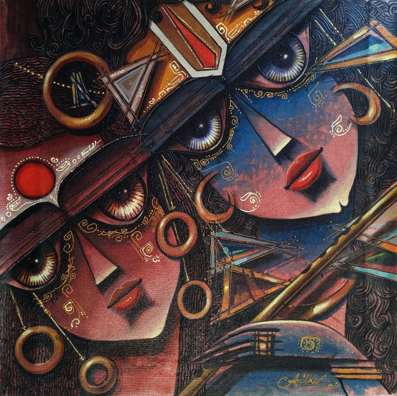 Radha Krishna' religious mixed-media painting by artist Anil Kumar Vishwakarma, 22x22 inch, on canvas