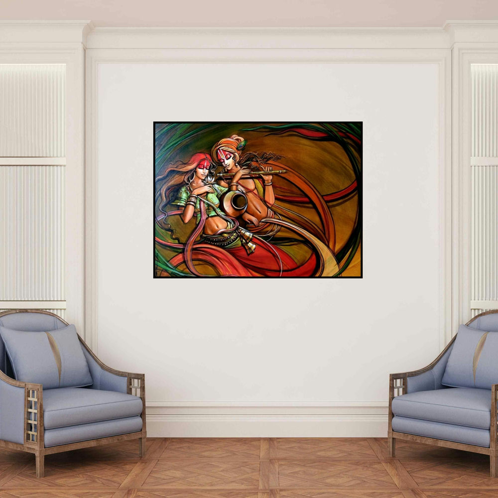 'Radha Krishna 7 (Radha Krishna Flute Song)' painting by Manoj Das shown on a wall in a furnished room.