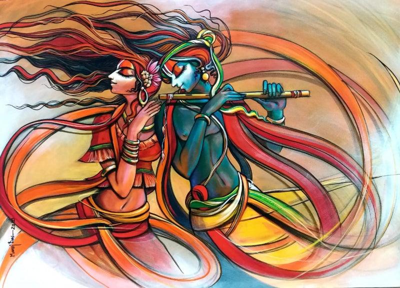 Religious acrylic painting titled 'Radha Krishna 9', 35x48 inches, by artist Manoj Das on Canvas