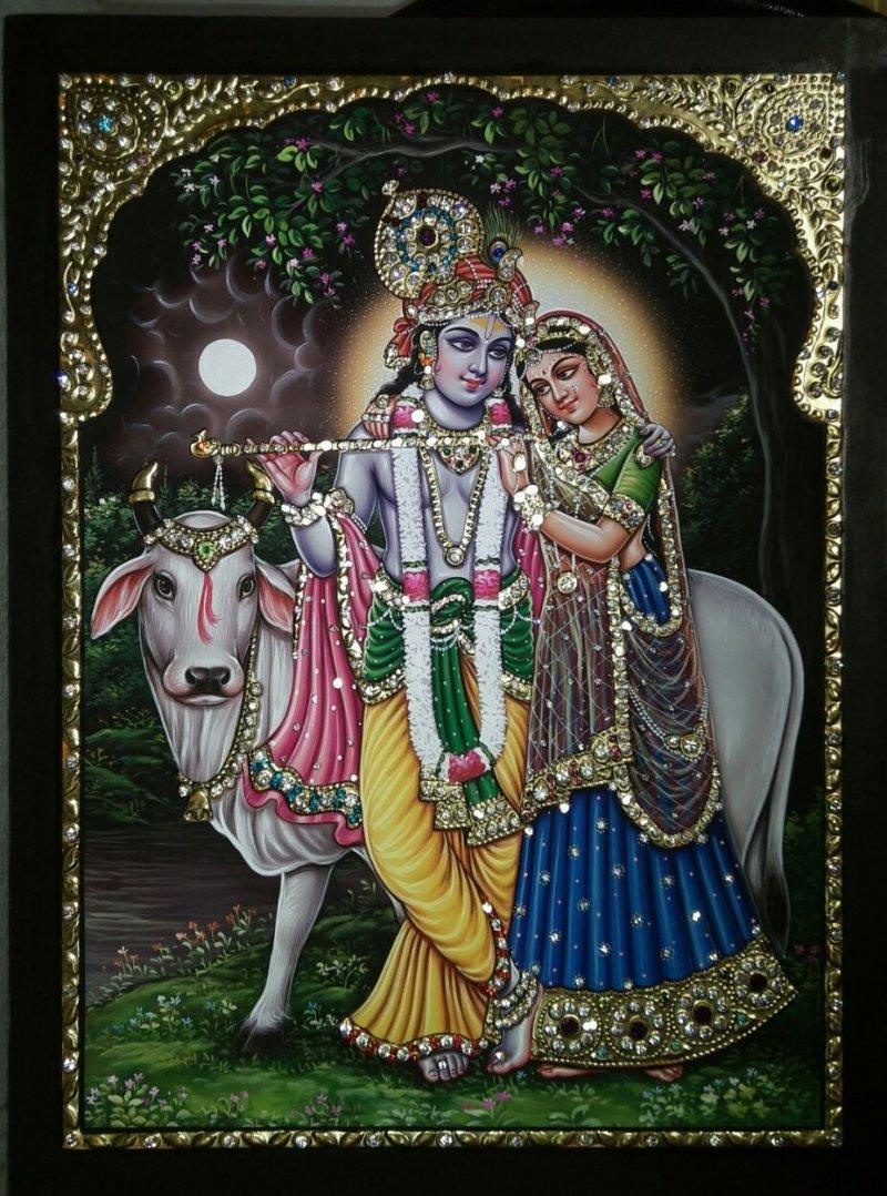 Religious tanjore traditional art titled 'Radha Krishna and Cow Tanjore Art', 24x18 inches, by artist VANI VIJAY on Plywood