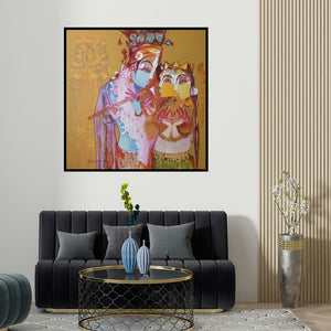 Prabhakar Ahobilam's 'Radha Krishna With Flute (Divine Love)' painting visualized above a sofa in a contemporary room.