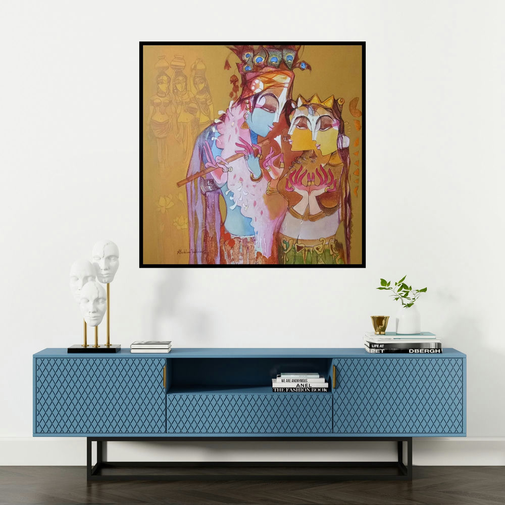 'Radha Krishna With Flute (Divine Love)' painting by Prabhakar Ahobilam shown on a wall in a furnished room.