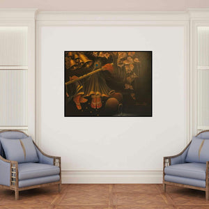 'Radha With Krishna Flute I (Enchanting Melodies)' painting by Rakhi Baid shown on a wall in a furnished room.