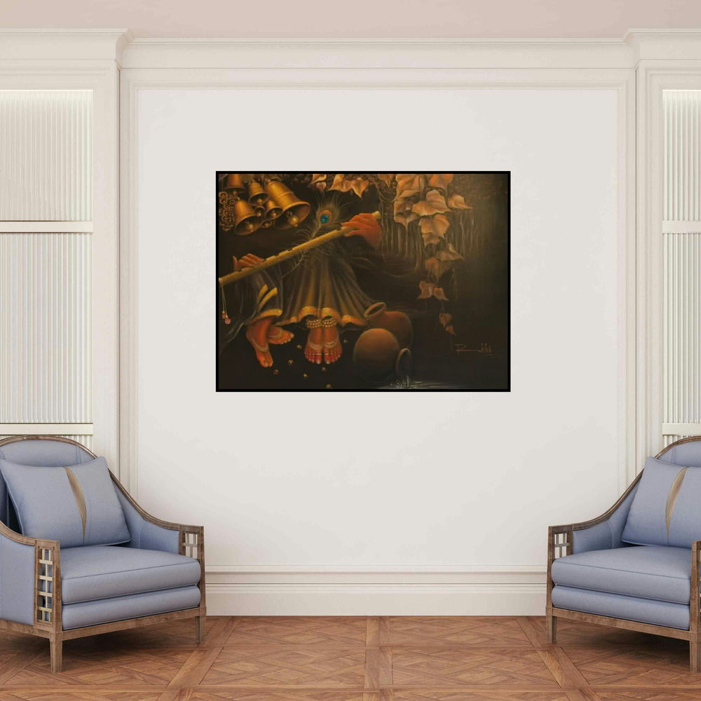 'Radha With Krishna Flute I (Enchanting Melodies)' painting by Rakhi Baid shown on a wall in a furnished room.
