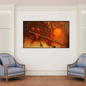 'Radha With Krishna Flute Ii' painting by Rakhi Baid shown on a wall in a furnished room.