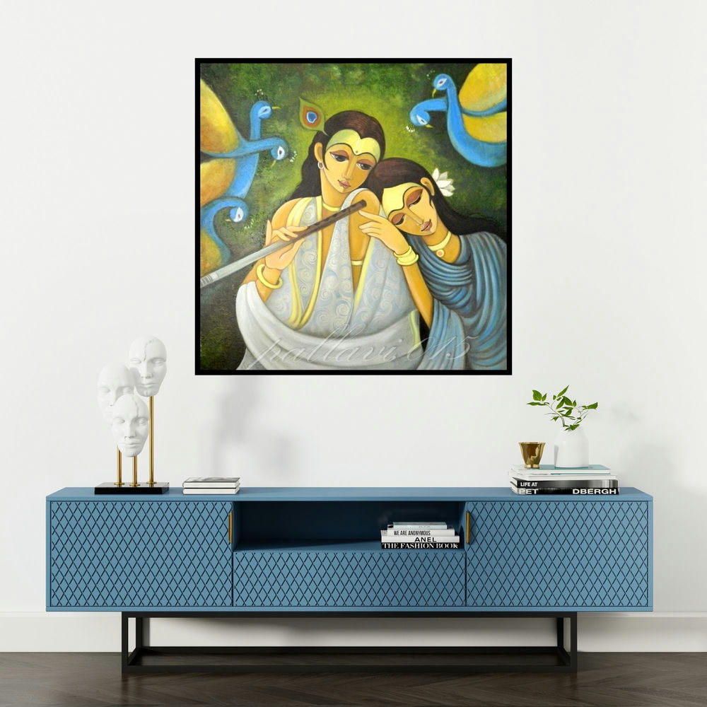 'Radha Krishna I (Eternal Harmony)' painting by Pallavi Walunj shown on a wall in a furnished room.