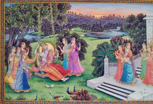 Radha Krishna In Jhula (Divine Dance) by Rajendra Khanna, Original Tribal Religious Painting on Cloth, Large Horizontal Wall Art