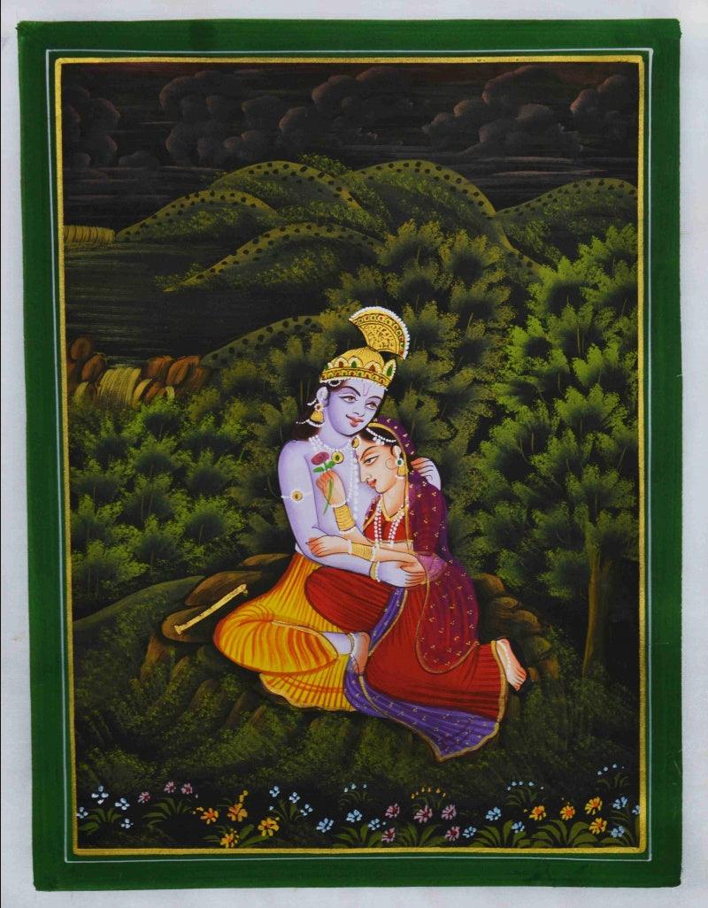 Religious miniature traditional art titled 'Radha Krishna In Lawn', 15x11 inches, by artist Unknown on Silk