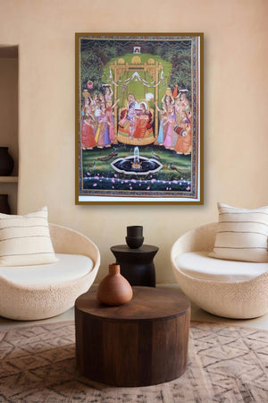 Radha Krishna Jhula Ii (Playful Divinity) by artist Rajendra Khanna displayed in a Modern gallery