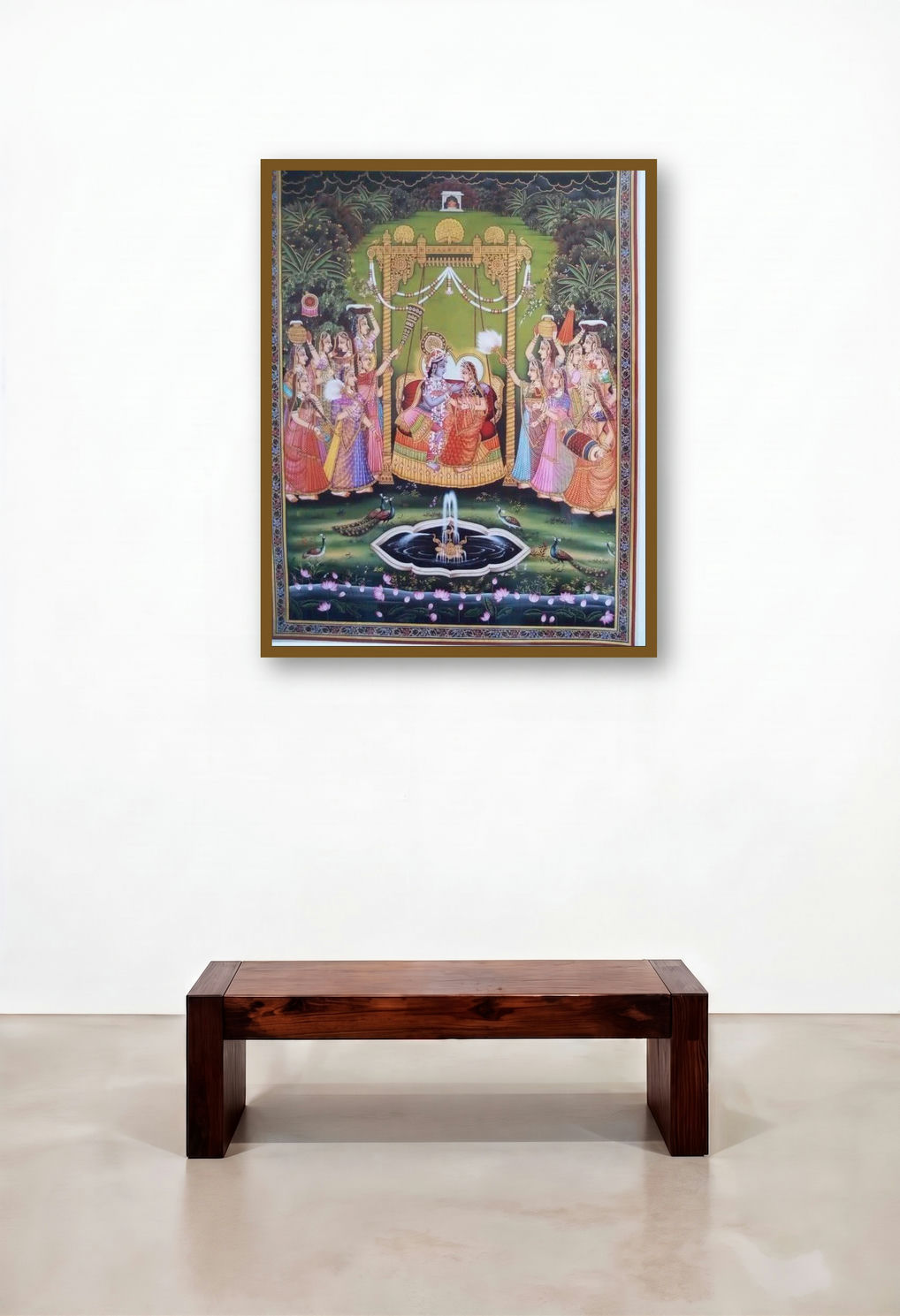 Radha Krishna Jhula Ii (Playful Divinity) by artist Rajendra Khanna displayed in a Mid-Century Modern Family Room