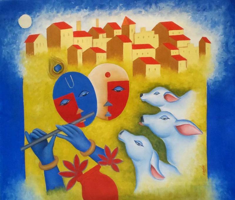 Religious oil painting titled 'Radha Krishna Love', 25x30 inches, by artist Chetan Katigar on Canvas