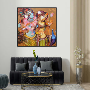 Prabhakar Ahobilam's 'Radha Krishna Love Forever (Eternal Love)' painting visualized above a sofa in a contemporary room.