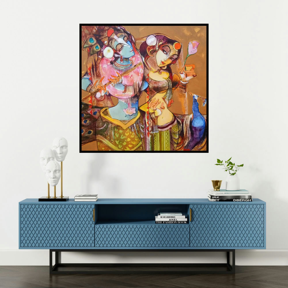 'Radha Krishna Love Forever (Eternal Love)' painting by Prabhakar Ahobilam shown on a wall in a furnished room.