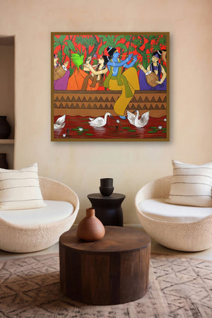 Radha Krishna Nauka Vihar (Celestial Symphony) by artist Chetan Katigar displayed in a Minimalist gallery