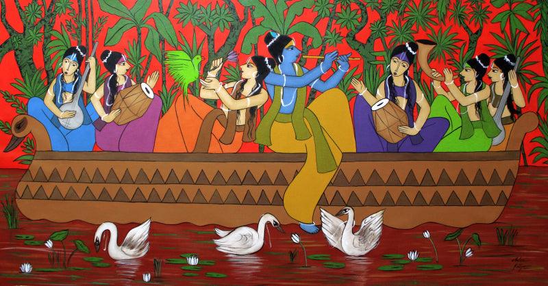 Figurative acrylic painting titled 'Radha Krishna Nauka Vihar', 38x72 inches, by artist Chetan Katigar on Canvas