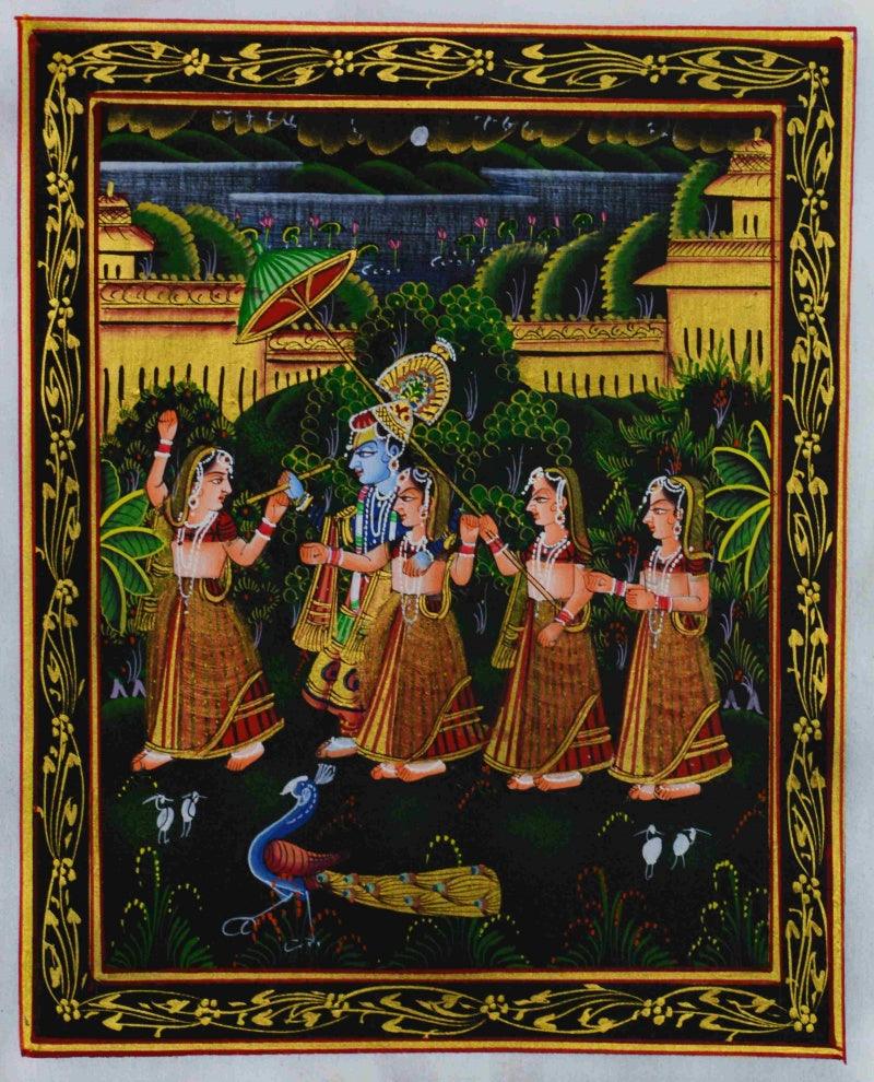 Religious miniature traditional art titled 'Radha Krishna Playing Bansuri With Gopis', 10x12 inches, by artist Unknown on Silk