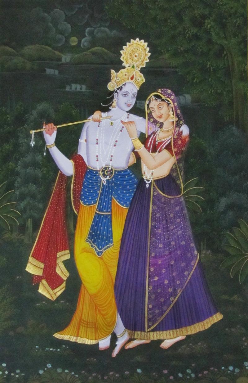 Religious miniature traditional art titled 'Radha Krishna Playing Flute', 36x24 inches, by artist E Craft on Silk