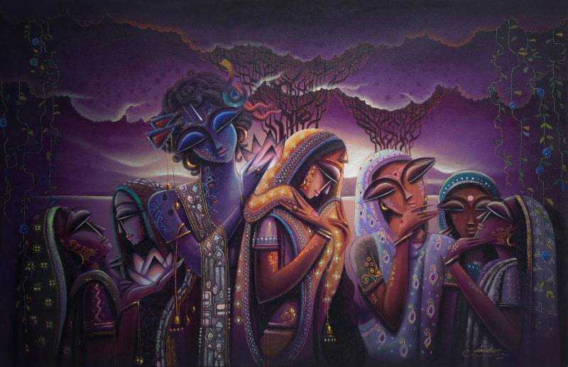 'Radha Krishna (Raasleela)' religious mixed-media painting by artist Anil Kumar Vishwakarma, 48x72 inch, on canvas
