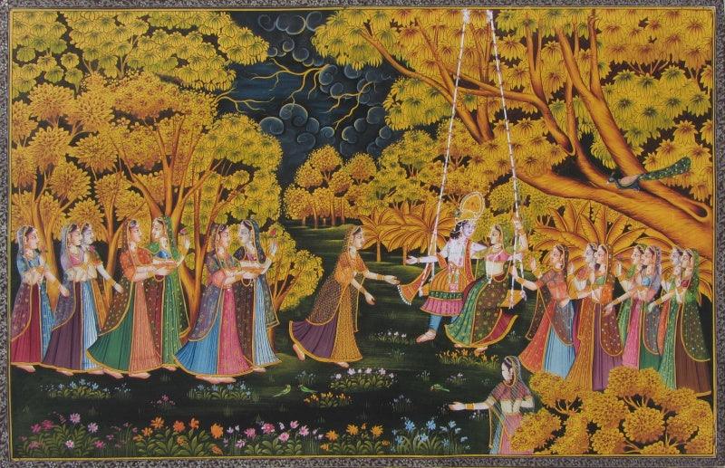 Figurative miniature traditional art titled 'Radha Krishna Swinging Surrounded By Gop', 13x20 inches, by artist E Craft on Silk