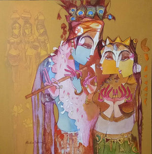 Religious acrylic painting titled 'Radha Krishna With Flute', 36x36 inches, by artist Prabhakar Ahobilam on Canvas